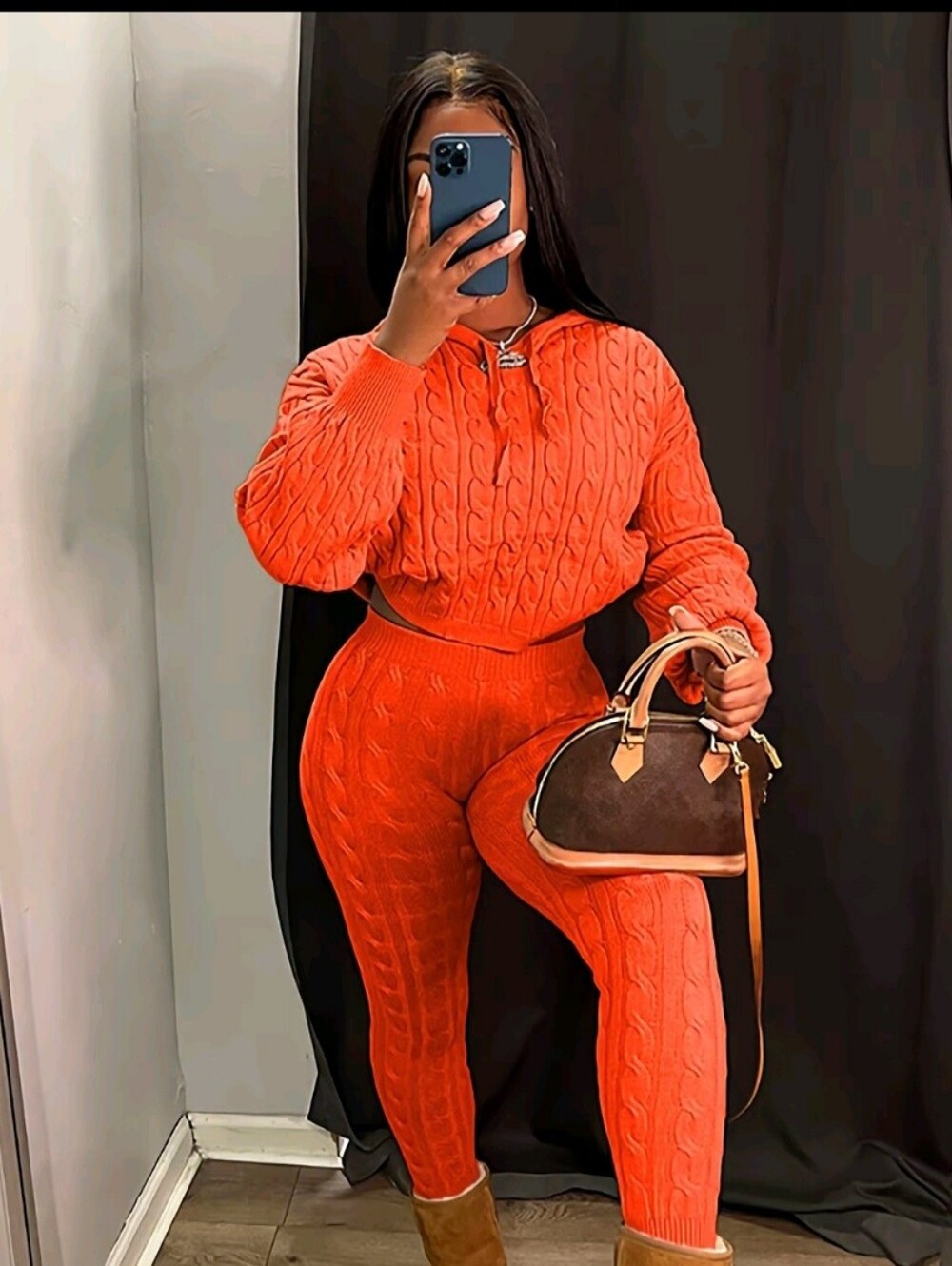 Cable-Knit Two-Piece Legging Set in Orange - Cozy Casual